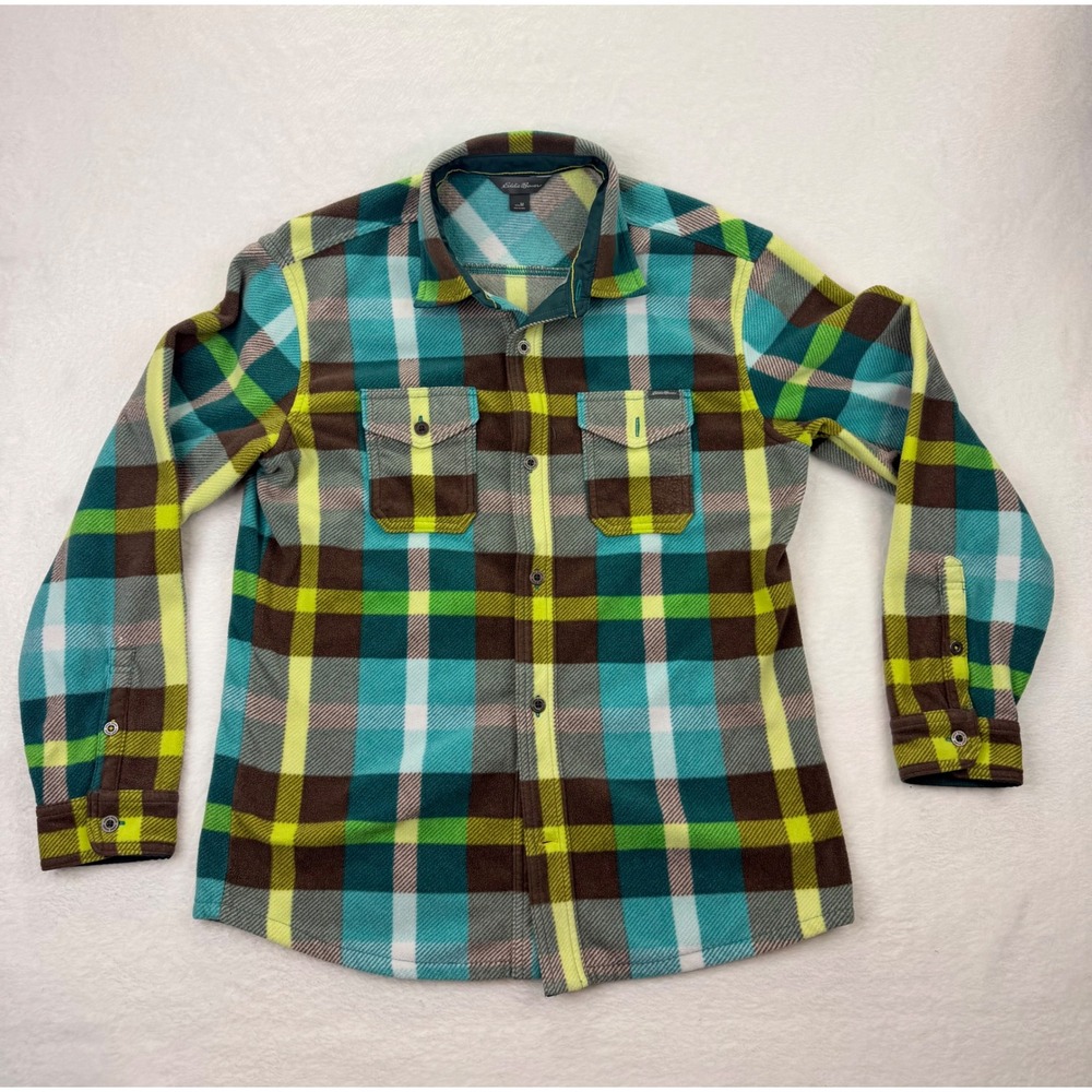 Eddie Bauer Mens Fleece Shirt Jacket Plaid Teal Lime Green Brown Size M